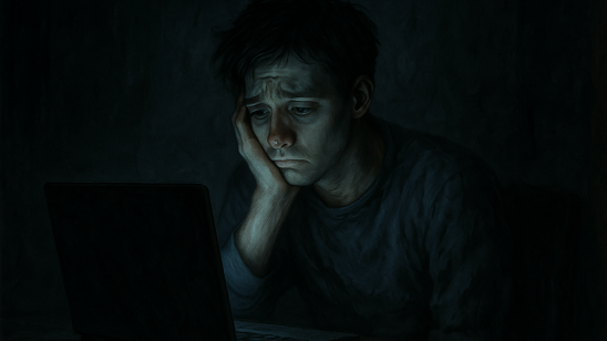 Verdrietige man voor een computer