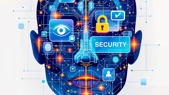 Wat is de rol van AI in cybersecurity? Een AI-hoofd met security erop